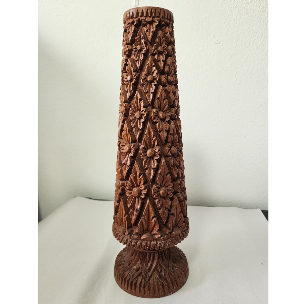 Vintage Hand Carved Teak Wood Floral Vase Bangkok Thailand Boho Decor 10 Inch